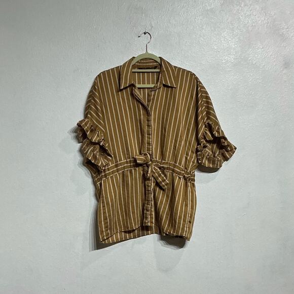 Zara Mustard Yellow Striped Peplum Blouse Sz XS - Picture 2 of 9